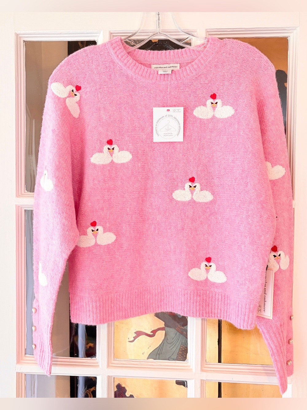 NWT Cupcakes and Cashmere Pink Swan Knit Sweater SZ XS Heart Pearl Button
